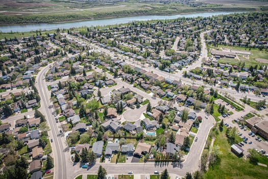 Aerial view of Silverwood Heights which is a mostly residential neighbourhood located in north-central Saskatoon, Saskatchewan, Canada. It is a suburban subdivision, composed mostly of single detached dwellings and some multiple-unit apartment and semi-detached dwellings. As of 2009, the area is home to 10,786 residents.