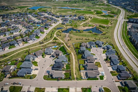 Aerial view of Briarwood which is a residential neighbourhood located in the southeast part of Saskatoon, Saskatchewan, Canada. The majority of its residents live in low-density, single detached dwellings.