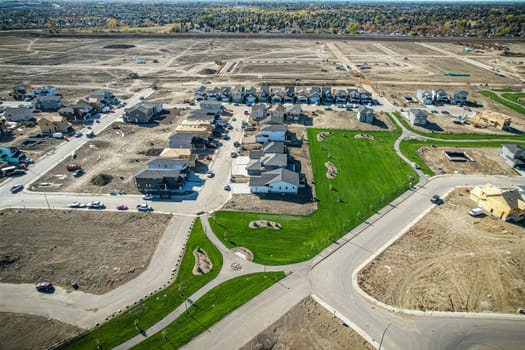 Aerial view of Brighton which is a neighbourhood in Saskatoon, Saskatchewan, and is the first of several communities planned for the Holmwood Suburban Development Area on the east side of the city.