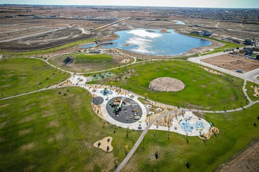 Aerial view of Brighton which is a neighbourhood in Saskatoon, Saskatchewan, and is the first of several communities planned for the Holmwood Suburban Development Area on the east side of the city.