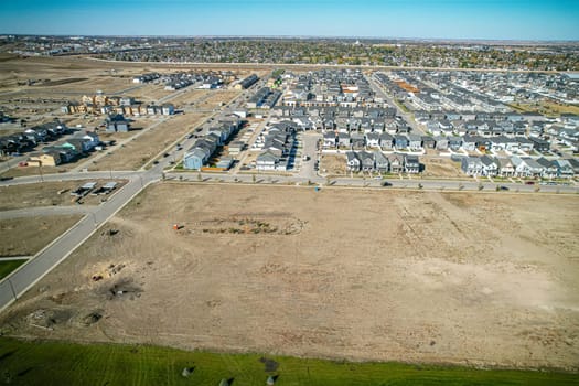 Aerial view of Brighton which is a neighbourhood in Saskatoon, Saskatchewan, and is the first of several communities planned for the Holmwood Suburban Development Area on the east side of the city.