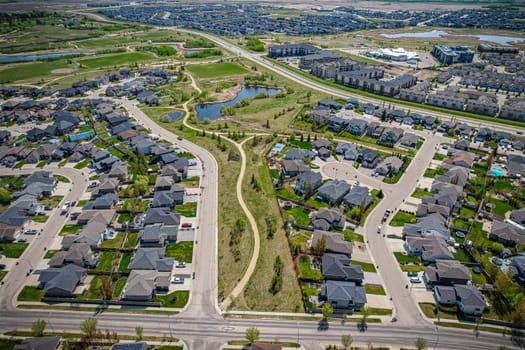 Aerial view of Briarwood which is a residential neighbourhood located in the southeast part of Saskatoon, Saskatchewan, Canada. The majority of its residents live in low-density, single detached dwellings.