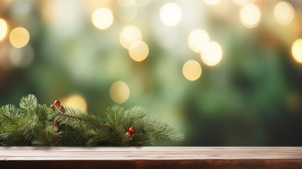 Merry Christmas and Happy New Year background with empty wooden table over Christmas tree and blurred light bokeh. Empty display for product placement. Rustic vintage Xmas 2024 background. comeliness