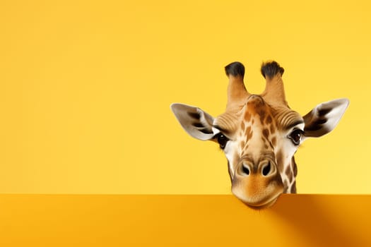 Portrait of a beautiful cheerful giraffe isolated on a yellow background. Banner with a funny giraffe.