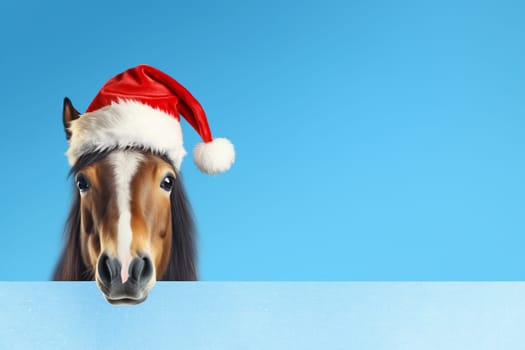 A funny horse in a red Santa Claus hat on a blue background. Banner with horse and free space. Christmas or new year concept
