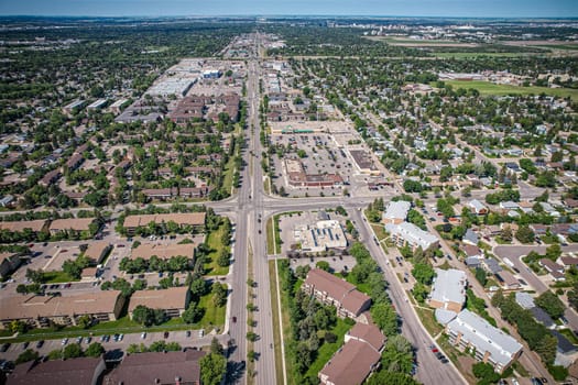 Aerial View of 8th Street East which is a main arterial road serving the city of Saskatoon, Saskatchewan. It begins as a continuation of a minor residential street at Lorne Avenue in Saskatoon, and runs through the eastern part of city, eventually exiting the city limits as a country road.