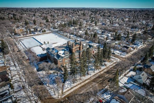 Aerial View of Buena Vista which is a residential neighbourhood located near the centre of Saskatoon, Saskatchewan, Canada. It is an older suburban subdivision, including mostly low-density, single detached dwellings. As of 2011, the area is home to 3,271 residents