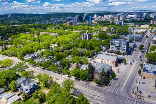 Captured from above, this drone image presents Broadway Avenue in Saskatoon in all its glory. Experience the bustling streets, unique urban charm, and vibrant community life from a spectacular aerial perspective.