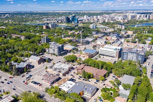 Captured from above, this drone image presents Broadway Avenue in Saskatoon in all its glory. Experience the bustling streets, unique urban charm, and vibrant community life from a spectacular aerial perspective.