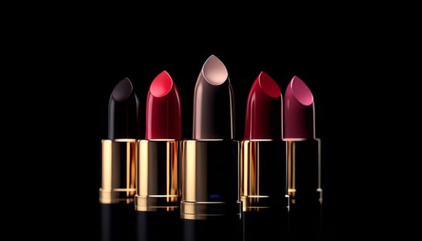 Multi-colored lipsticks on a dark background in the style of advertising art in 7k