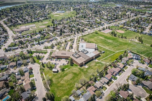 Aerial view of Silverwood Heights which is a mostly residential neighbourhood located in north-central Saskatoon, Saskatchewan, Canada. It is a suburban subdivision, composed mostly of single detached dwellings and some multiple-unit apartment and semi-detached dwellings. As of 2009, the area is home to 10,786 residents.