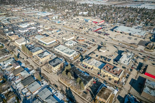 Aerial view of Brevoort Park which is a primarily residential neighbourhood located in the southeast part of Saskatoon, Saskatchewan, Canada. It includes part of the 8th Street business district. Just over half of its dwellings are single detached houses, with a sizeable minority of duplex or apartment-style multiple unit dwellings