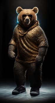 Stylish bear in sunglasses and a golden jacket on a black background in 5k