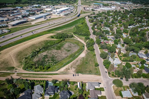 Aerial View of Avalon which is a mostly residential neighbourhood located in south-central Saskatoon, Saskatchewan, Canada. It is a suburban subdivision, consisting mostly of low-density, single detached dwellings. As of 2007, the area is home to 3,214 residents.