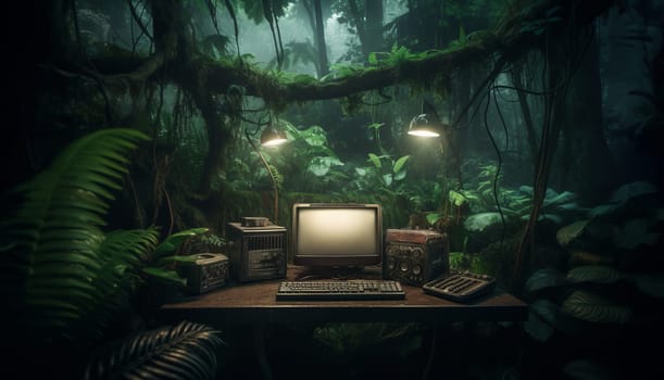 Worker co with computer on table in jungle in 6k