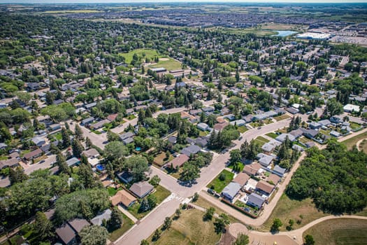 Aerial view of Adelaide Churchill which is a mostly residential neighbourhood located in south-central Saskatoon, Saskatchewan, Canada. It is a suburban subdivision, consisting mostly of low-density, single detached dwellings. As of 2009, the area is home to 3,445 residents.