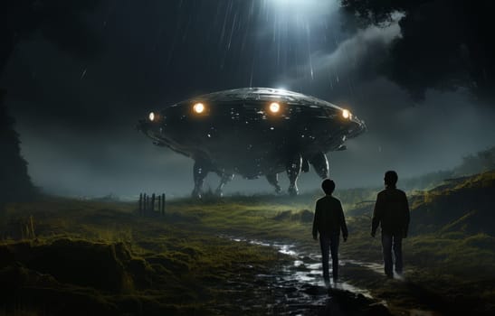 Two people are looking at an alien ship in a field 4k