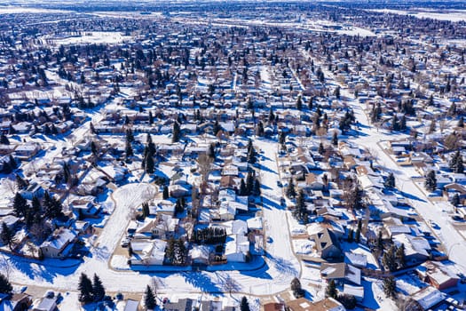 Explore the lush Forest Grove neighborhood in Saskatoon from an aerial perspective. This drone image captures the area's verdant charm, peaceful streets, and community warmth, under the vast Saskatchewan sky.