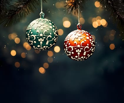 Amidst the twinkling outdoor lights, two delicate christmas tree ornaments, shaped like spheres, hang together in perfect harmony, representing the beauty and magic of the holiday season - generative AI