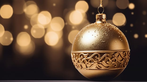 christmas ball gold ornament background with bokeh lights in the background - AI Generative