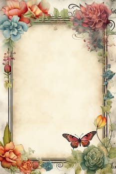 vintage antique old frame with flowers and butterfly - AI generative