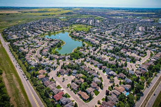 Aerial view of Briarwood which is a residential neighbourhood located in the southeast part of Saskatoon, Saskatchewan, Canada. The majority of its residents live in low-density, single detached dwellings.