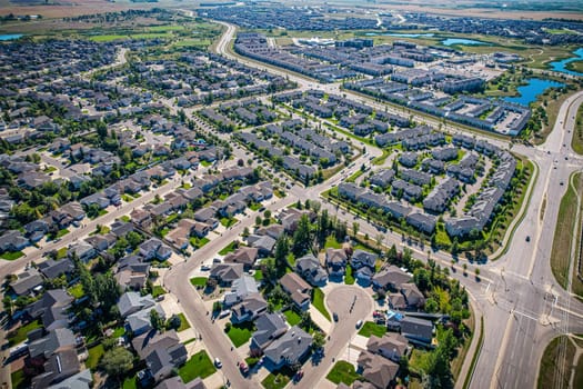 Aerial view of Briarwood which is a residential neighbourhood located in the southeast part of Saskatoon, Saskatchewan, Canada. The majority of its residents live in low-density, single detached dwellings.
