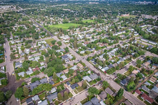 Stunning bird's-eye perspective of the Evergreen neighborhood in Saskatoon, showcasing the unique urban layout and the natural beauty of Saskatchewan's landscapes.