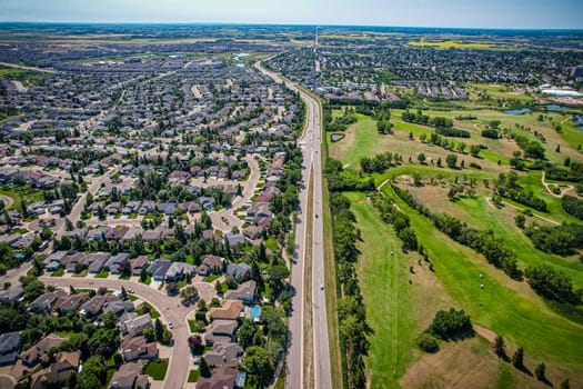 Aerial view of Briarwood which is a residential neighbourhood located in the southeast part of Saskatoon, Saskatchewan, Canada. The majority of its residents live in low-density, single detached dwellings.