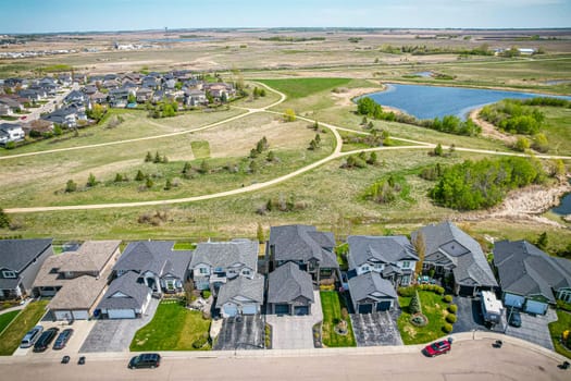 Aerial view of Briarwood which is a residential neighbourhood located in the southeast part of Saskatoon, Saskatchewan, Canada. The majority of its residents live in low-density, single detached dwellings.