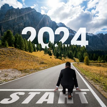 2024 New Year journey and future vision concept . Businessman traveling on highway road leading forward to happy new year celebration in beginning of 2024 for bliss and successful start .