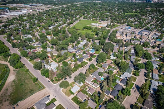Aerial View of Avalon which is a mostly residential neighbourhood located in south-central Saskatoon, Saskatchewan, Canada. It is a suburban subdivision, consisting mostly of low-density, single detached dwellings. As of 2007, the area is home to 3,214 residents.