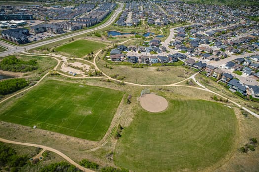 Aerial view of Briarwood which is a residential neighbourhood located in the southeast part of Saskatoon, Saskatchewan, Canada. The majority of its residents live in low-density, single detached dwellings.