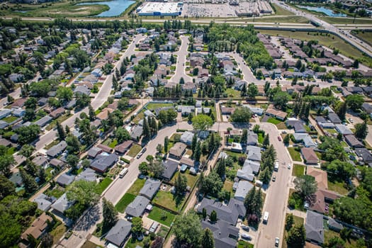 Aerial view of Adelaide Churchill which is a mostly residential neighbourhood located in south-central Saskatoon, Saskatchewan, Canada. It is a suburban subdivision, consisting mostly of low-density, single detached dwellings. As of 2009, the area is home to 3,445 residents.