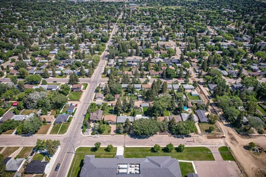 Aerial view of Adelaide Churchill which is a mostly residential neighbourhood located in south-central Saskatoon, Saskatchewan, Canada. It is a suburban subdivision, consisting mostly of low-density, single detached dwellings. As of 2009, the area is home to 3,445 residents.
