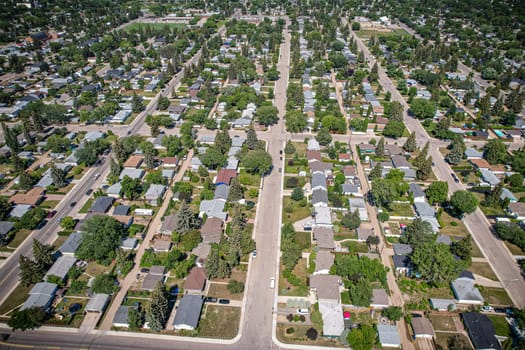Aerial view of Adelaide Churchill which is a mostly residential neighbourhood located in south-central Saskatoon, Saskatchewan, Canada. It is a suburban subdivision, consisting mostly of low-density, single detached dwellings. As of 2009, the area is home to 3,445 residents.
