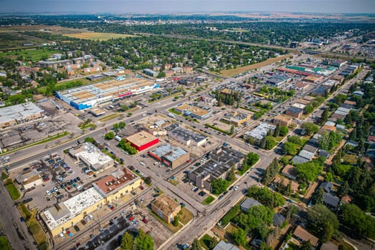 Aerial view of Brevoort Park which is a primarily residential neighbourhood located in the southeast part of Saskatoon, Saskatchewan, Canada. It includes part of the 8th Street business district. Just over half of its dwellings are single detached houses, with a sizeable minority of duplex or apartment-style multiple unit dwellings