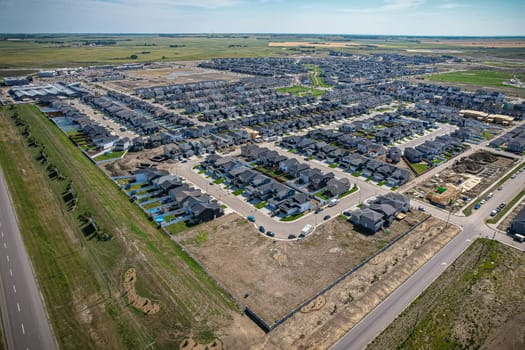 Aerial view of Brighton which is a neighbourhood in Saskatoon, Saskatchewan, and is the first of several communities planned for the Holmwood Suburban Development Area on the east side of the city.