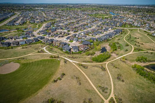 Aerial view of Briarwood which is a residential neighbourhood located in the southeast part of Saskatoon, Saskatchewan, Canada. The majority of its residents live in low-density, single detached dwellings.