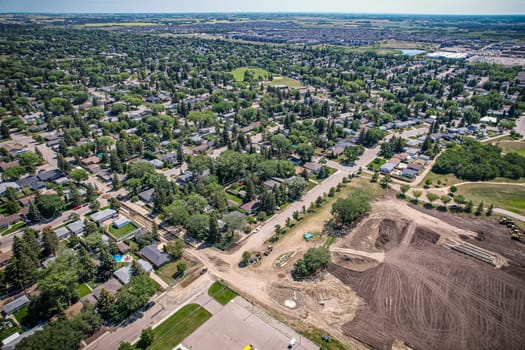 Aerial view of Adelaide Churchill which is a mostly residential neighbourhood located in south-central Saskatoon, Saskatchewan, Canada. It is a suburban subdivision, consisting mostly of low-density, single detached dwellings. As of 2009, the area is home to 3,445 residents.