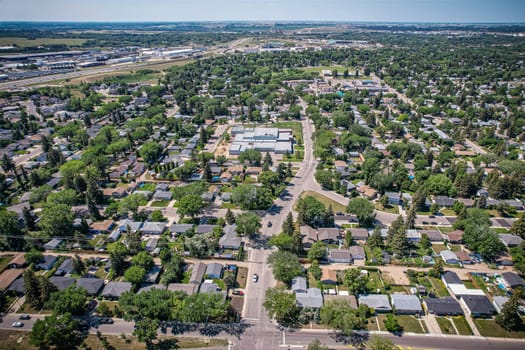 Aerial View of Avalon which is a mostly residential neighbourhood located in south-central Saskatoon, Saskatchewan, Canada. It is a suburban subdivision, consisting mostly of low-density, single detached dwellings. As of 2007, the area is home to 3,214 residents.