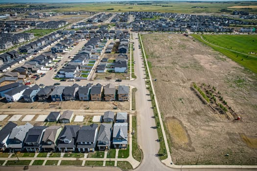 Aerial view of Brighton which is a neighbourhood in Saskatoon, Saskatchewan, and is the first of several communities planned for the Holmwood Suburban Development Area on the east side of the city.