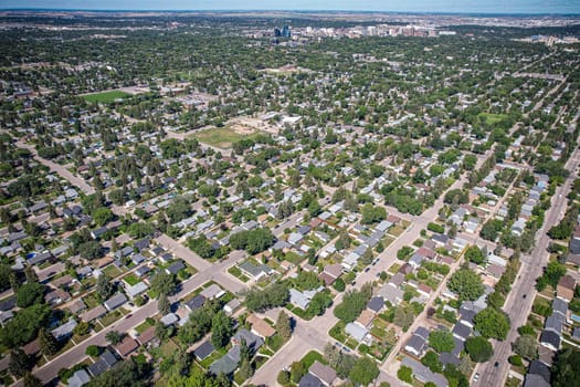 Aerial view of Adelaide Churchill which is a mostly residential neighbourhood located in south-central Saskatoon, Saskatchewan, Canada. It is a suburban subdivision, consisting mostly of low-density, single detached dwellings. As of 2009, the area is home to 3,445 residents.