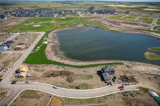 Aerial view of Brighton which is a neighbourhood in Saskatoon, Saskatchewan, and is the first of several communities planned for the Holmwood Suburban Development Area on the east side of the city.