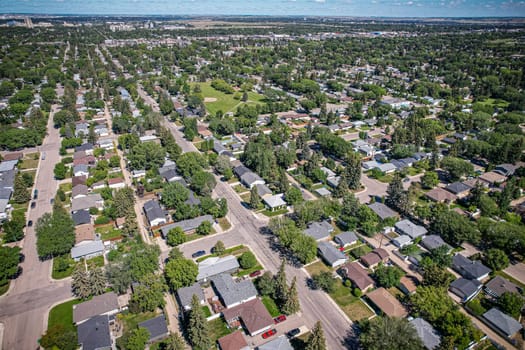 Aerial view of Adelaide Churchill which is a mostly residential neighbourhood located in south-central Saskatoon, Saskatchewan, Canada. It is a suburban subdivision, consisting mostly of low-density, single detached dwellings. As of 2009, the area is home to 3,445 residents.