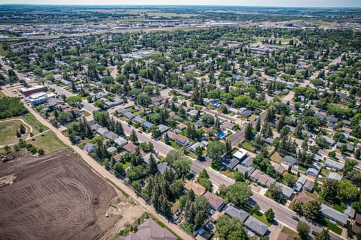 Aerial view of Adelaide Churchill which is a mostly residential neighborhood located in Saskatoon, Saskatchewan, Canada. It is a suburban subdivision, consisting mostly of single detached dwellings.
