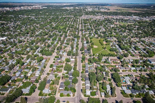 Aerial view of Adelaide Churchill which is a mostly residential neighbourhood located in south-central Saskatoon, Saskatchewan, Canada. It is a suburban subdivision, consisting mostly of low-density, single detached dwellings. As of 2009, the area is home to 3,445 residents.