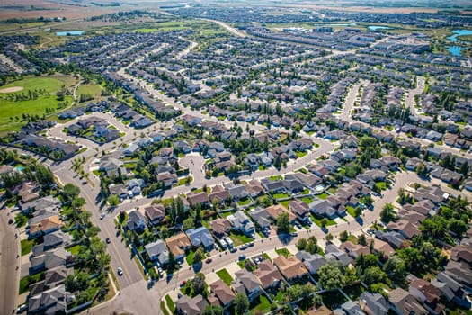 Aerial view of Briarwood which is a residential neighbourhood located in the southeast part of Saskatoon, Saskatchewan, Canada. The majority of its residents live in low-density, single detached dwellings.