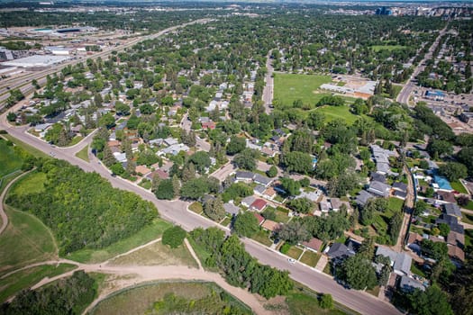 Aerial View of Avalon which is a mostly residential neighbourhood located in south-central Saskatoon, Saskatchewan, Canada. It is a suburban subdivision, consisting mostly of low-density, single detached dwellings. As of 2007, the area is home to 3,214 residents.