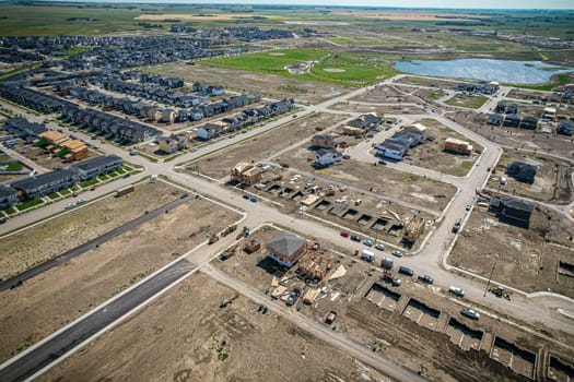 Aerial view of Brighton which is a neighbourhood in Saskatoon, Saskatchewan, and is the first of several communities planned for the Holmwood Suburban Development Area on the east side of the city.